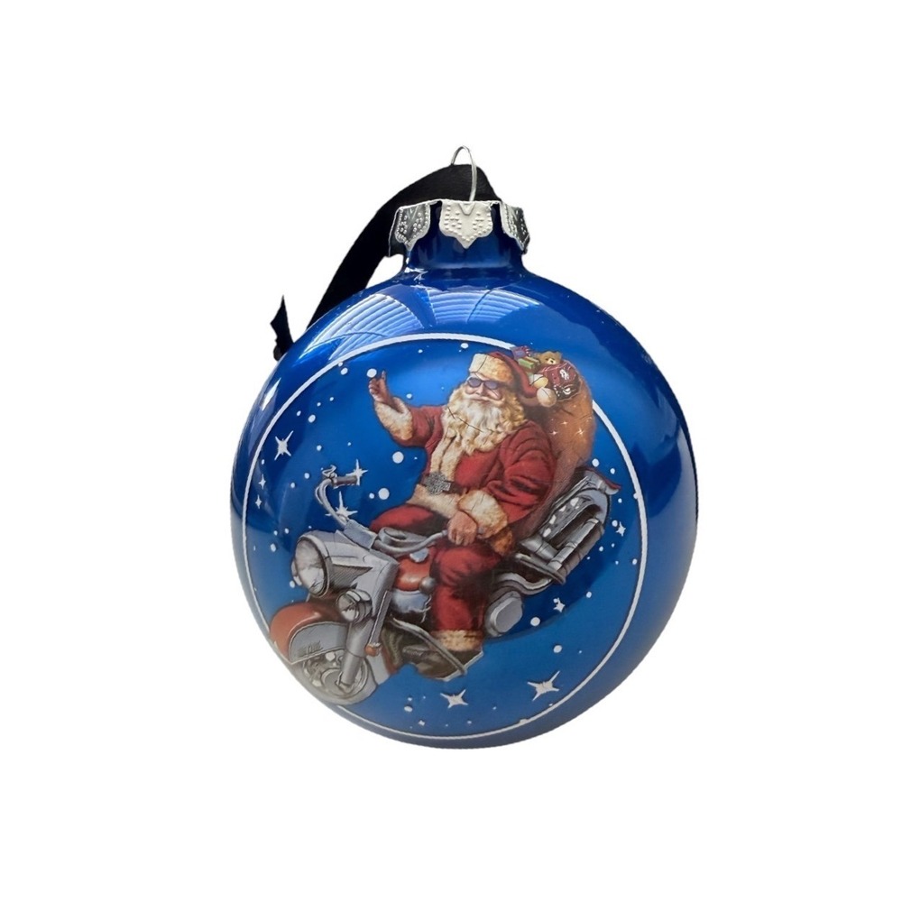 Harley-Davidson 2013 Santa Motorcycle Christmas Ornament Blue Glass Ball Boxed